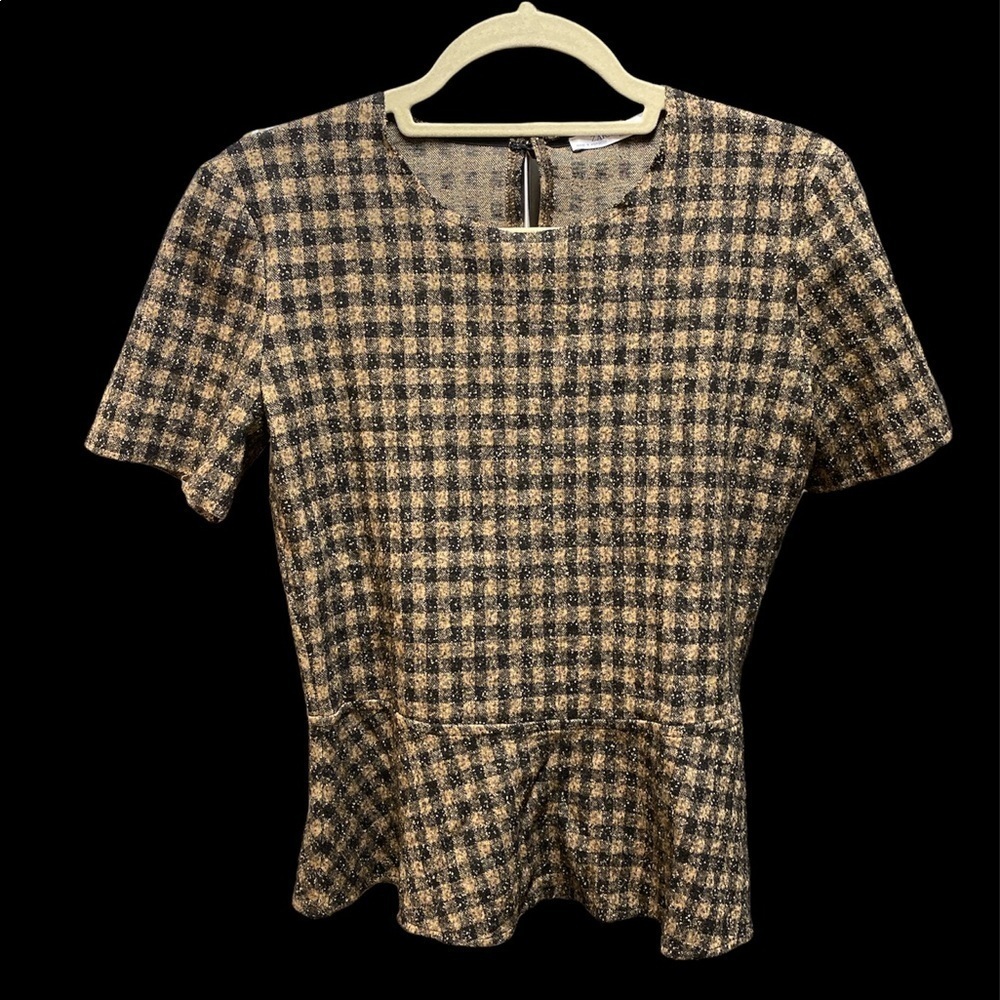 Zara Woman blouse peplum check print keyhole in back unfinished hem Sz Medium